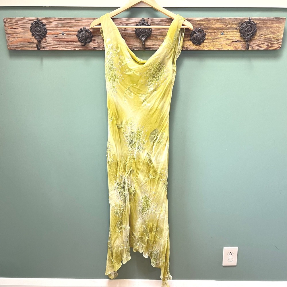 Morrell Maxie Silk Burnout Beaded Dress Lime Green Cowl Neck Fairiecore 6 Y2K
